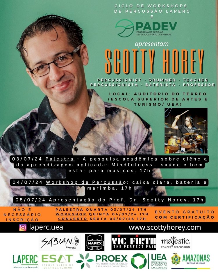 Ciclo de Workshops de Percussão da UEA apresenta Scotty Horey